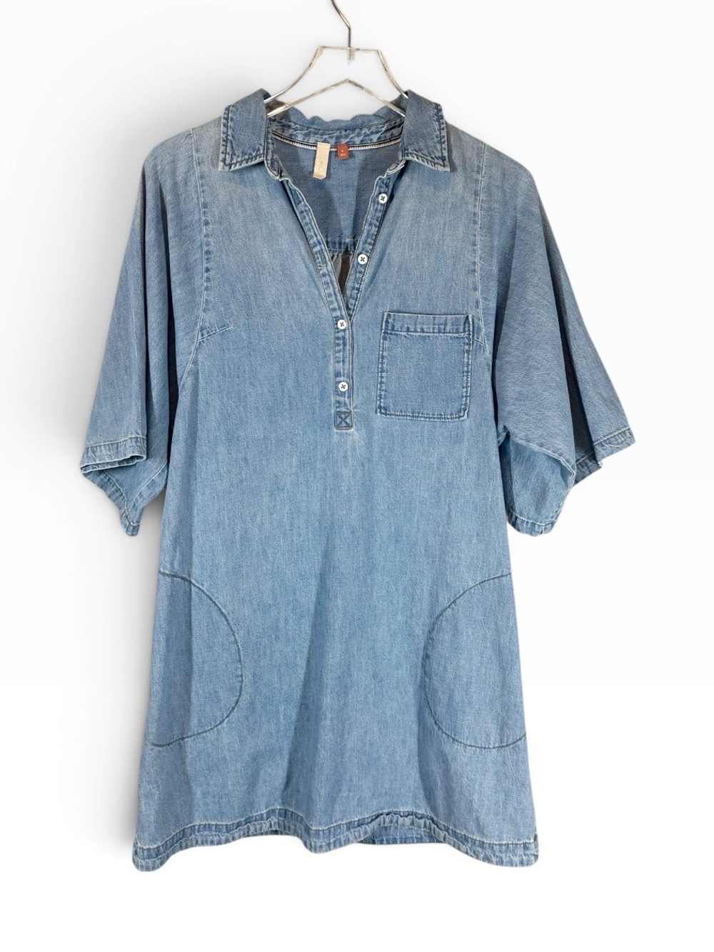 PILCRO Women's Small Chambray Cotton Blue Denim Mini Dress With Pockets